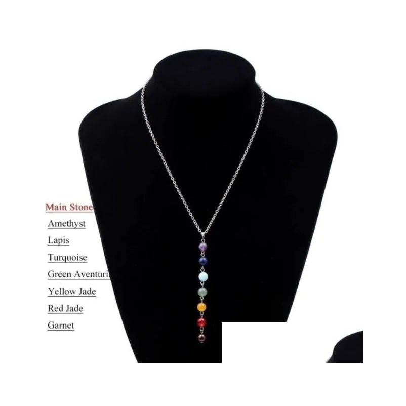7chakra reiki beads healing gemstone charms pendant necklace yoga balancing lapis/turquoise/amethyst crystal/jade fashion jewelry