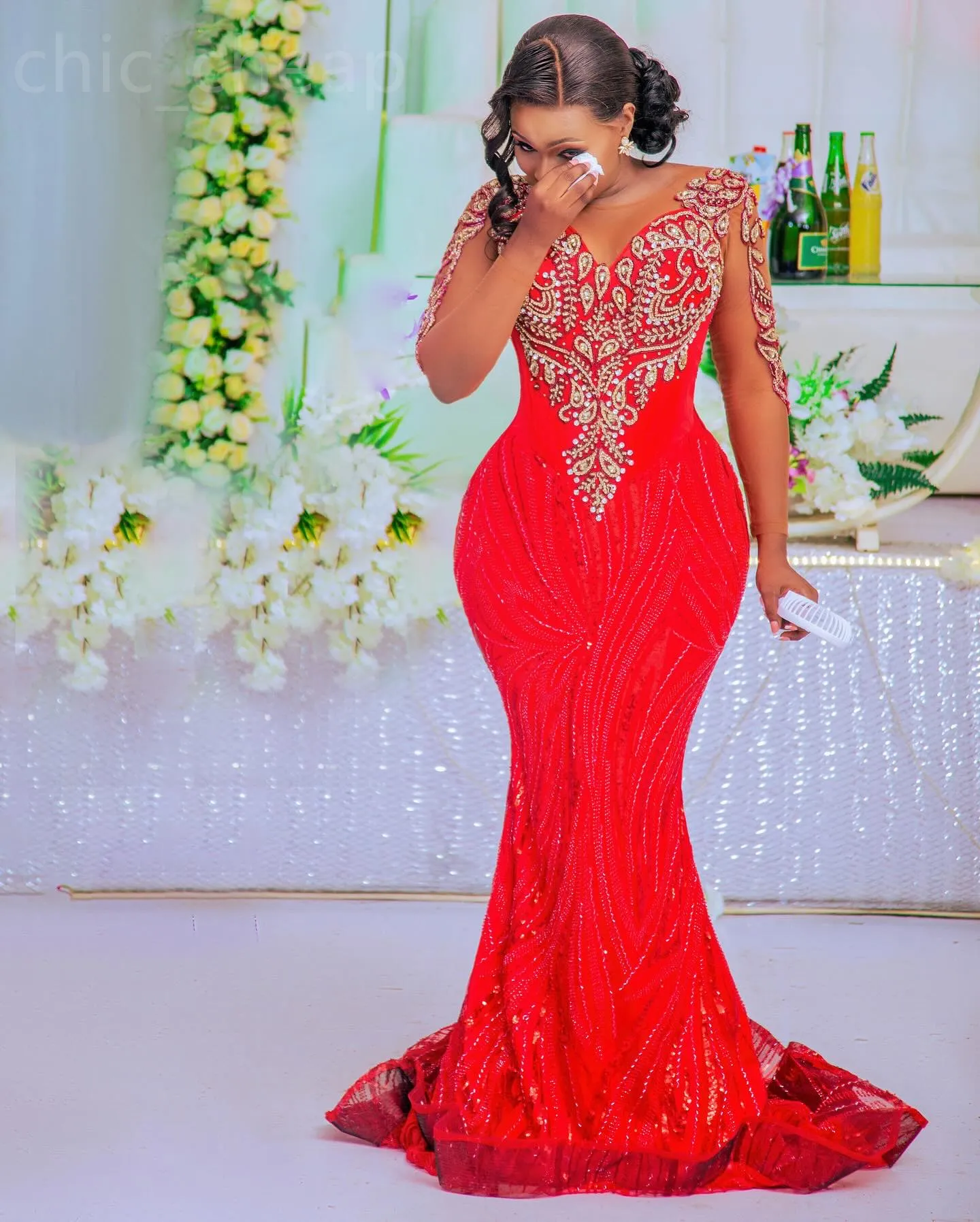 2024 Aso Ebi Red Mermaid Prom Dress Beaded Crystals Sequined Evening Formal Party Second Reception 50th Birthday Engagement Gowns Dresses Robe De Soiree ZJ34