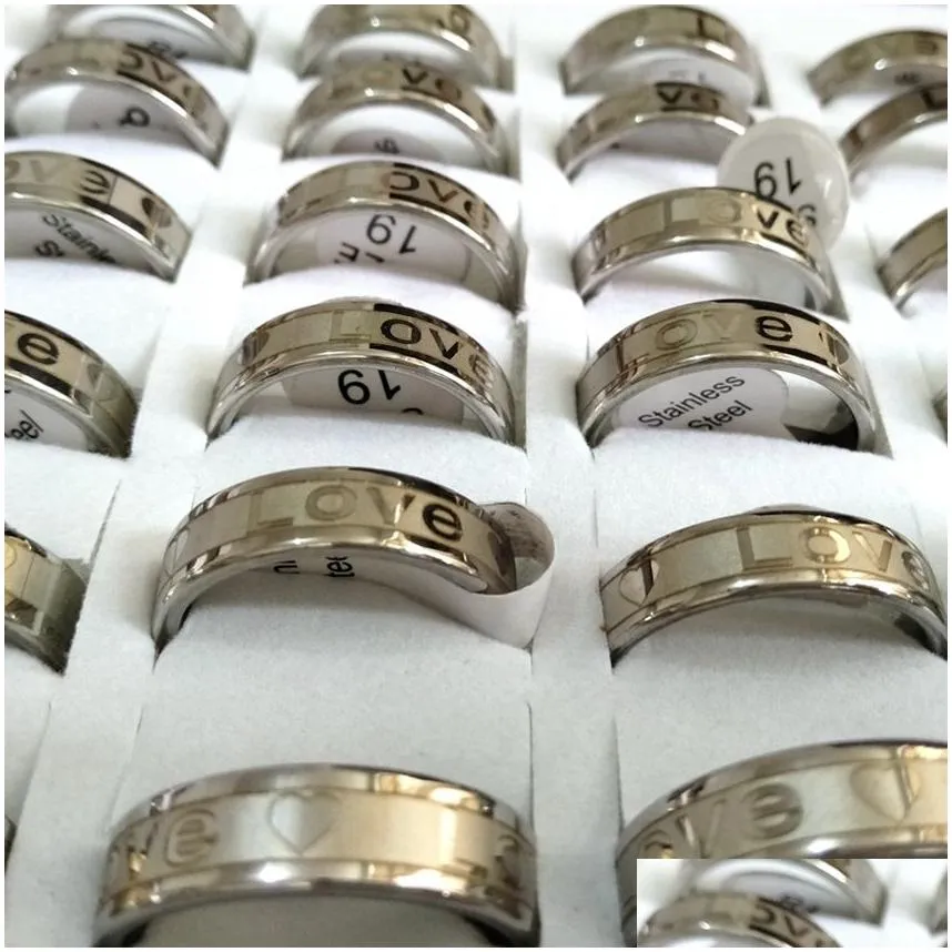 wholesale lots 50pcs love heart 6mm band comfort-fit silver stainless steel ring lovers couples wedding engagement jewelry gift favor