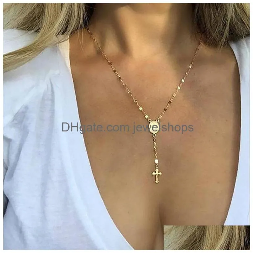 vintage gold/silver/rose gold pendant necklace christian cross bohemia religious rosary women charm jewelry gifts