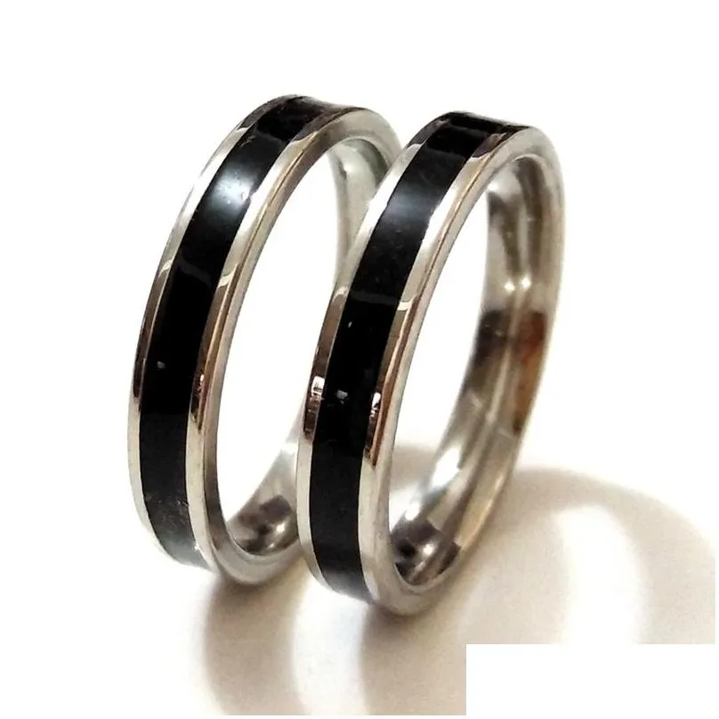 50pcs black enamel 4mm silver stainless steel wedding band rings men women fashion finger ring wholesale trendy jewelry sale party