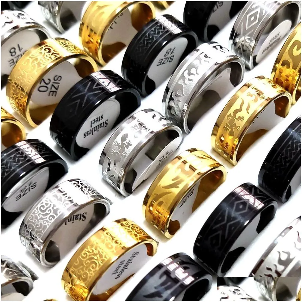 30pcs/lot wholesale 8mm stainless steel ring etched pattern trendy multi-styles mix men women fashion rings