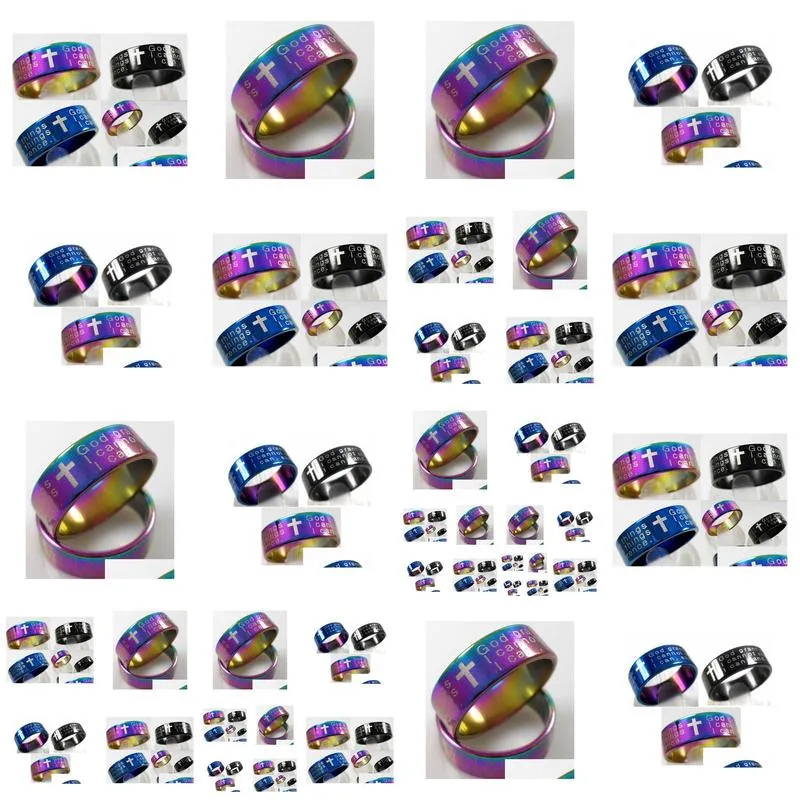 25pcs color mix serenity prayer stainless steel cross rings men women fashion rings wholesale religious jesus jewelry lots