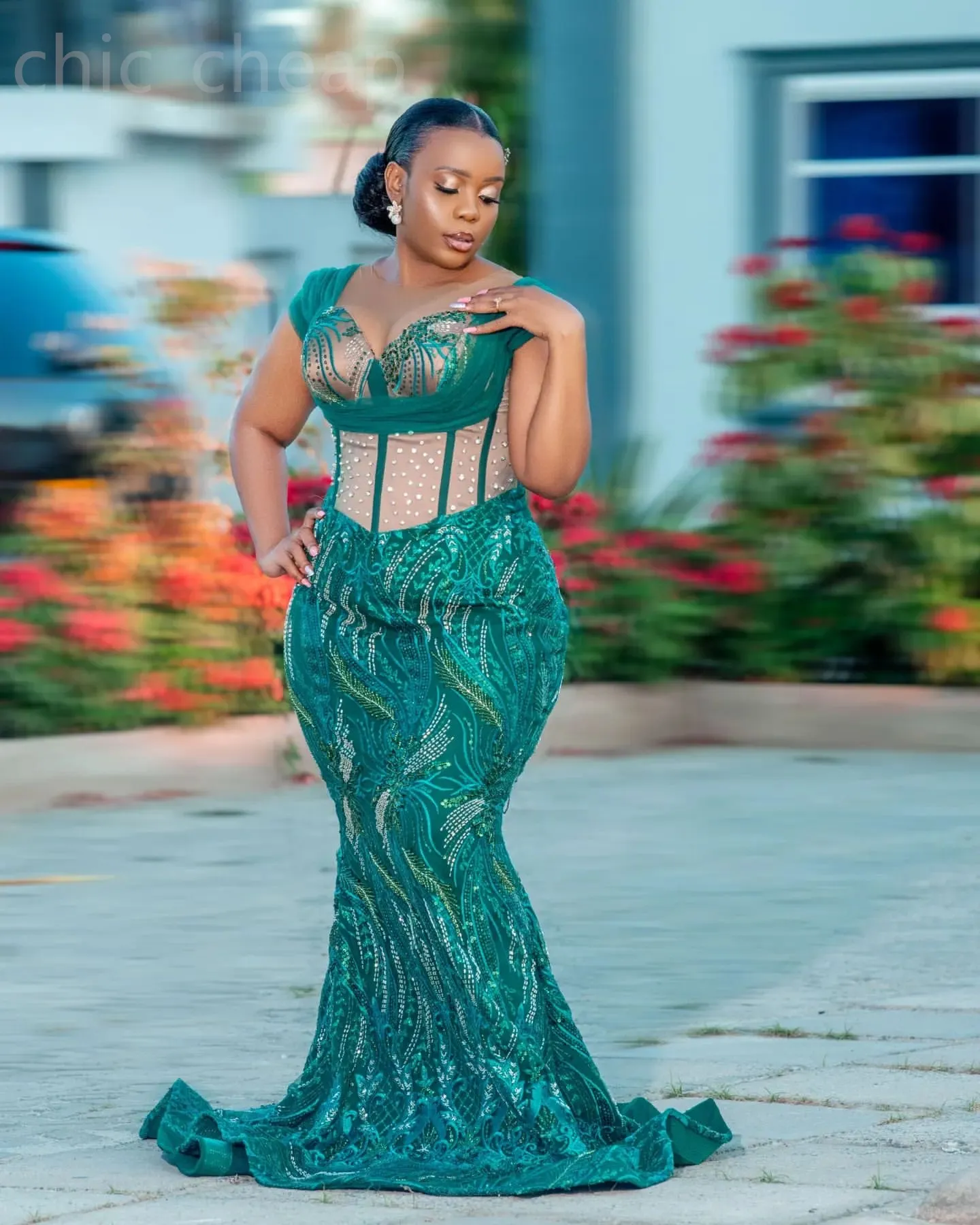 2024 Aso Ebi Hunter Green Mermaid Prom Dress Illusion Crystals Evening Formal Party Second Reception 50th Birthday Engagement Gowns Dresses Robe De Soiree ZJ43