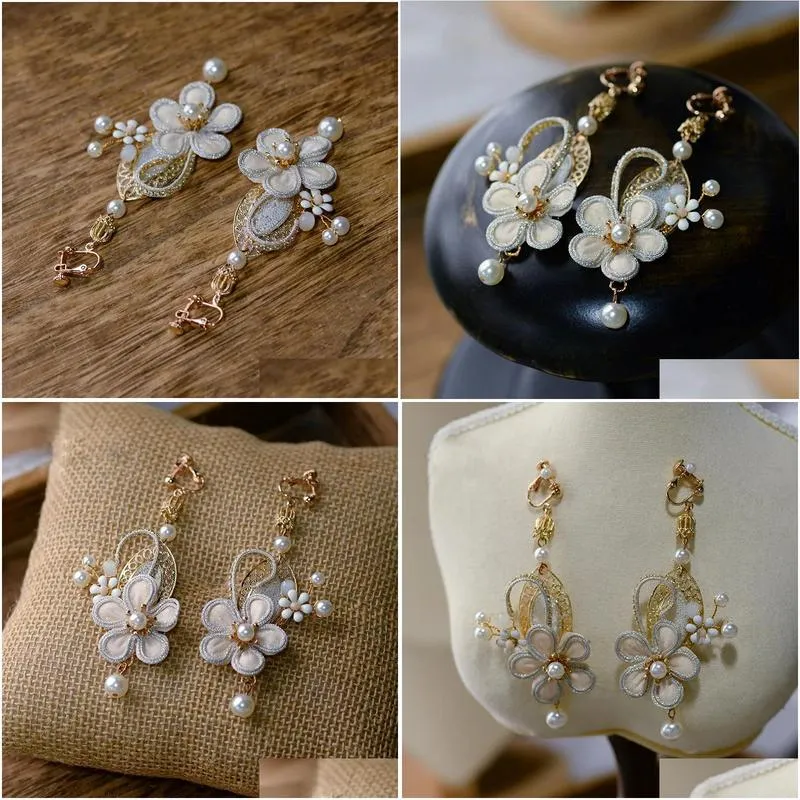 Charm Retro European Handmade Evening Long Earrings Rhinestone Clips Prom Hair Jewelry