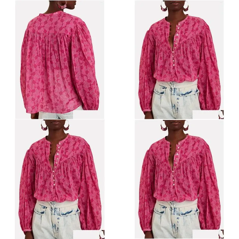 Women`S Blouses & Shirts Womens Blouse 2023 Floral Print Half Open Button Loose Commuter Retro Lantern Sleeve Drop Delivery Apparel C Dh7Gx