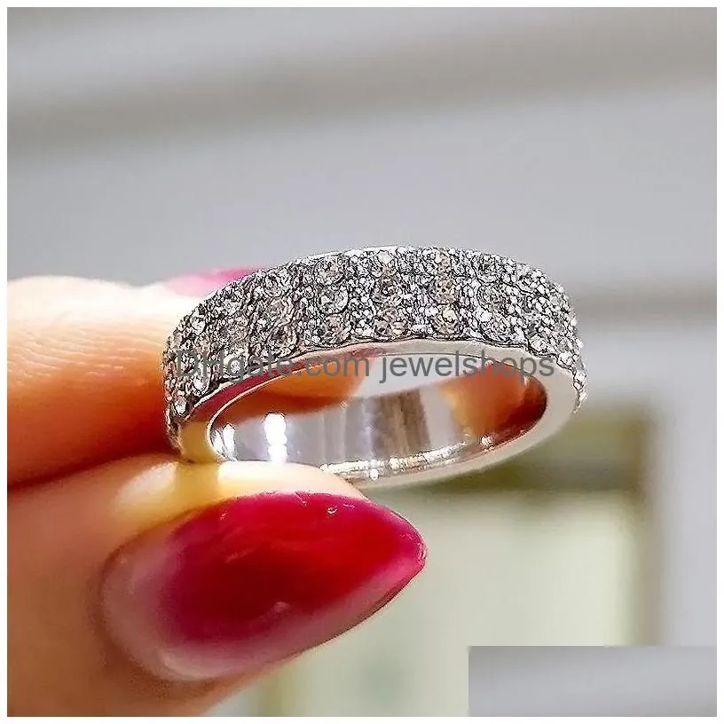 latest design creative luxury diamond jewelry women 925 sterling silver natural white sapphire three row engagement wedding ring