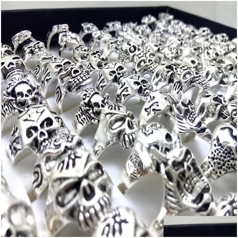 bulk lots 100pcs men skull rings 2020 new gothic biker punk cool rings wholesale fashion jewelry lot