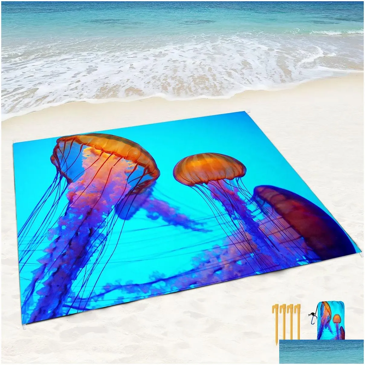 Mat Waterproof Sandproof Beach Blanket Sea Jellyfish Lightweight Portable Picnic Blanket Beach Mat for Outdoor Travel Camping Hiking