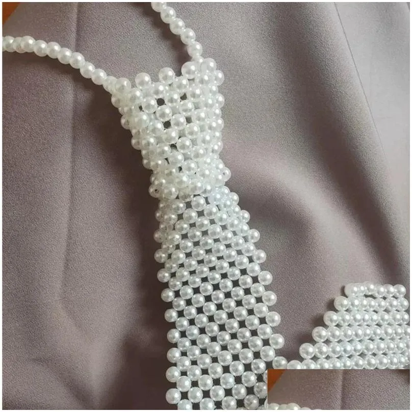 Neck Ties Elegant Pearl Tie Women`s Necktie Heavy Beaded Scarf Decorative Collar Hollow Fake Female Fashion Wedding Accessories