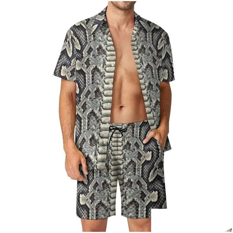 Men`S Tracksuits Mens Black Snakeskin Men Sets Snake Scale Print Casual Shorts Summer Fashion Beach Shirt Set Short-Sleeve Printed Ov Dhh5L