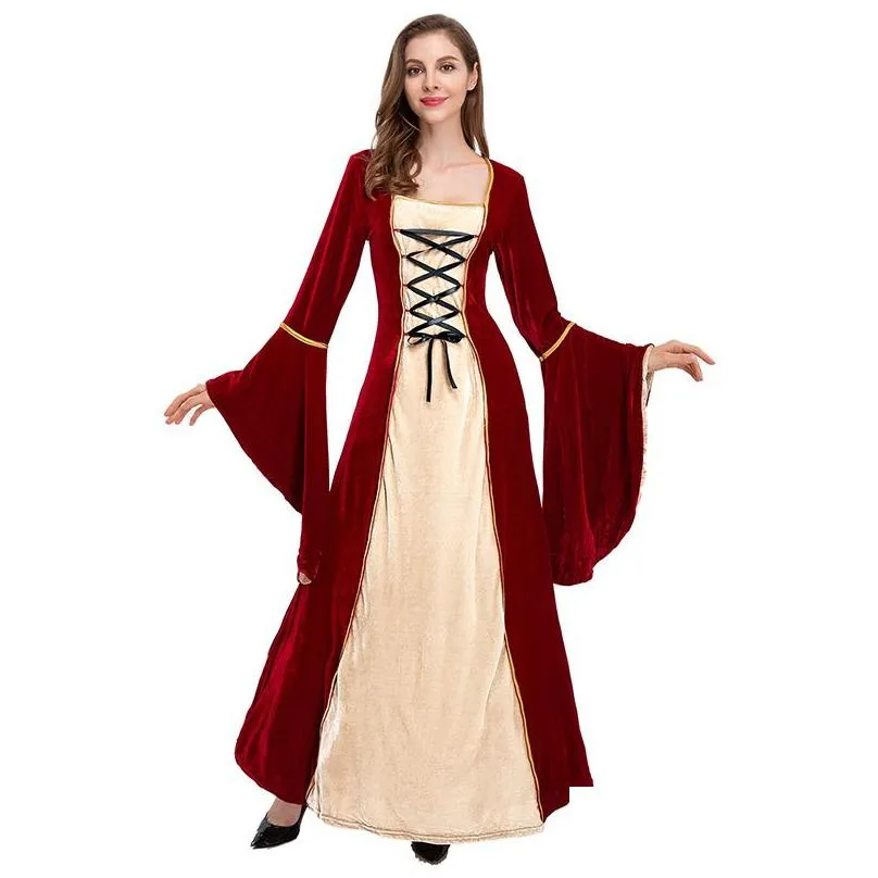 Elegant Theme Costume for Drama Stage European and American Retro Style Medieval Dress with Tie Waist and Luxurious Gold Diamond