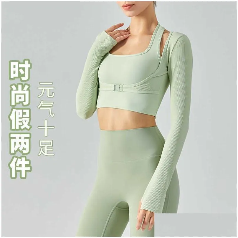 Yoga Outfit Slim Two Pieces Top Long Sleeve Sports Shirt Womens Bodysuit Tees Blouse Bra Gym Clothes Drop Delivery Outdoors Fitness S Dhsnv