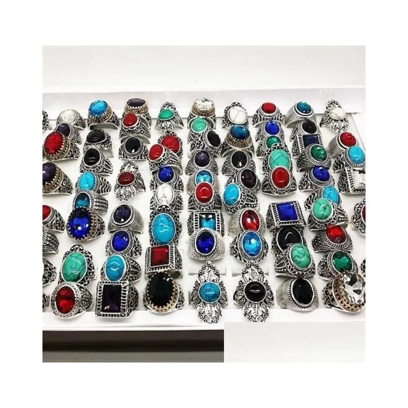 20pcs/pack mix style antique silver mens womens fashion jewelry rings vintage stone gemstone ring party gift wholesale