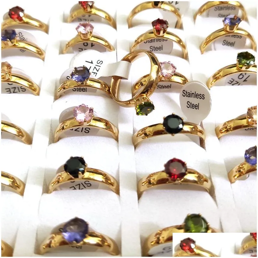 30pcs wedding ring for women comfort-fit 4mm colored cubic zirconia stainless steel zircon ring lovers bride party jewelry gift