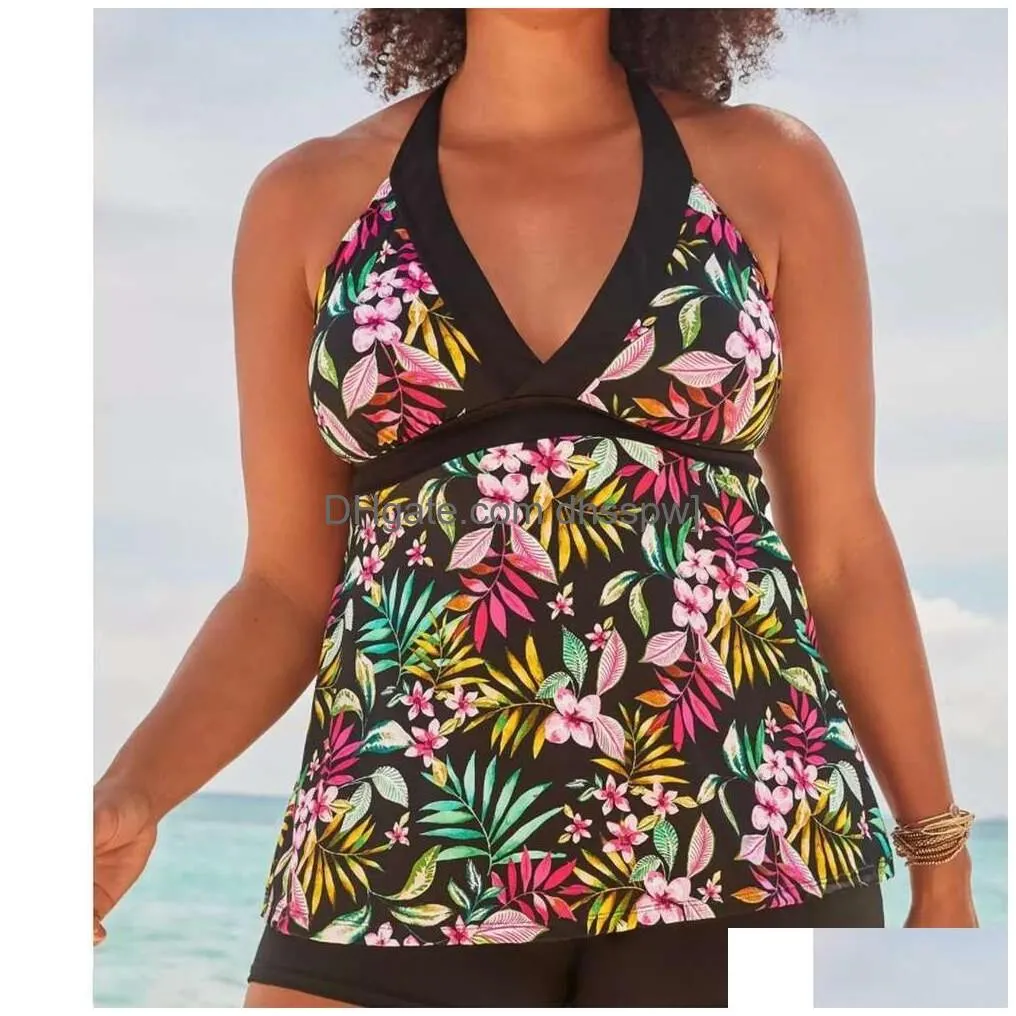 2024 split womens belly covering conservative slimming v-neck printed tankini swimsuit