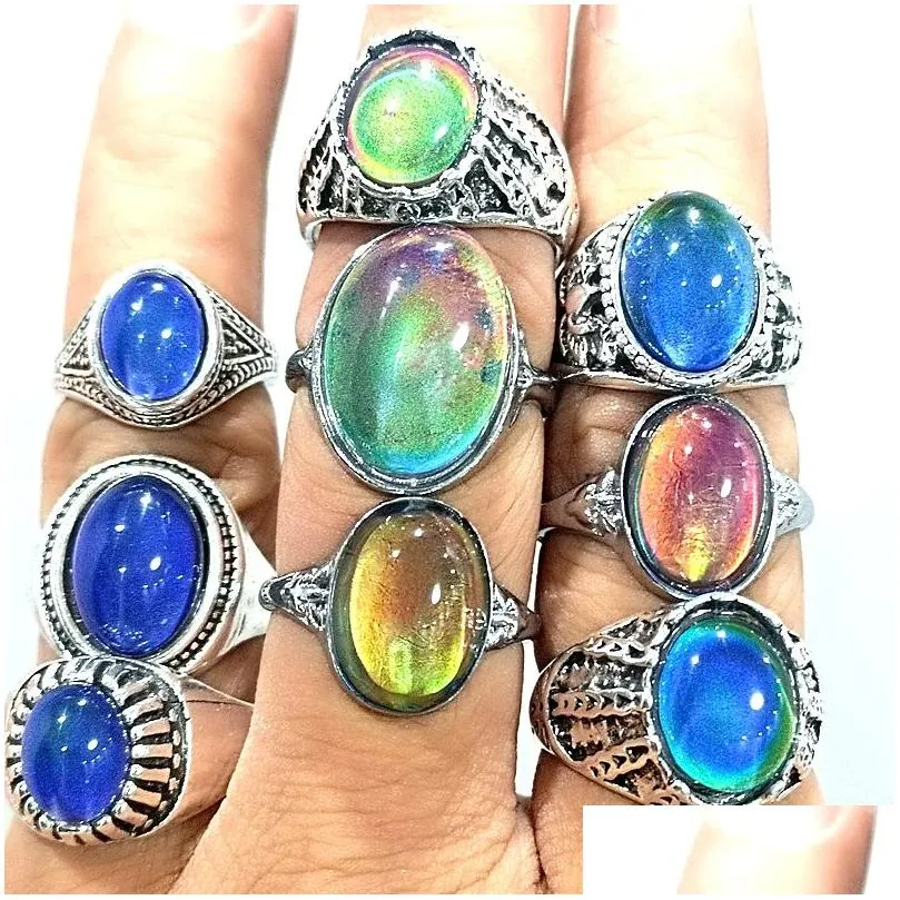 30pcs/lot men women change color mood ring emotional temperature sensitive glazed male female fashon ring silver tone alloy retro vintage jewelry wholesale