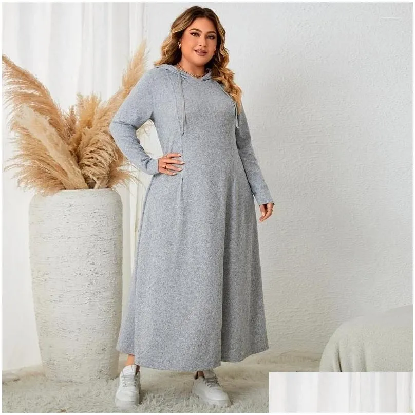 Plus Size Dresses Autumn Winter Style 3XL 4XL Women Clothing Long Sleeve Hat Solid Grey Maxi Dress Polyester Slim Hooded Casual