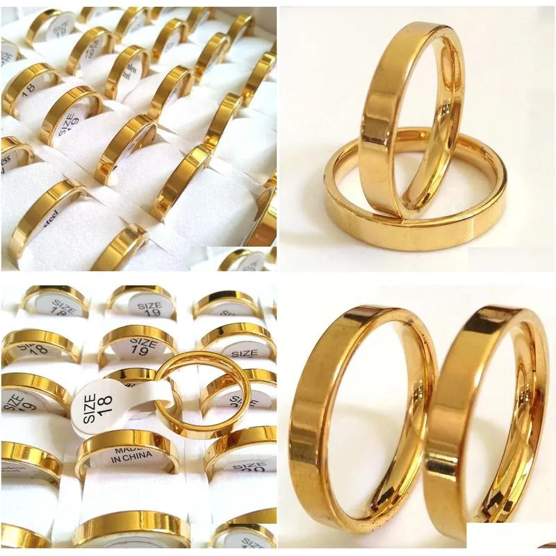 wholesale 50pcs gold 4mm band rings quality 316l stainless steel wedding engagement ring lovers gift party ring classic jewelry