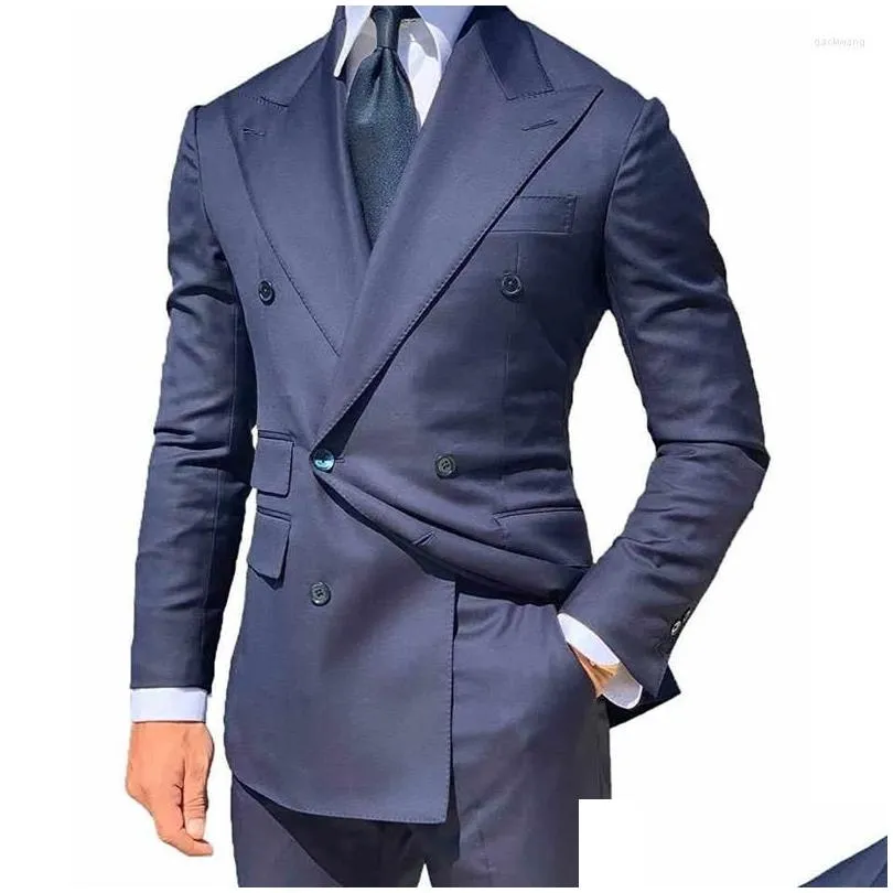 Men`s Suits Navy Blue Formal Men Business Slim Fit Custom Groom Tuxedo For Wedding Party 2 Piece Male Fashion Costume 2023