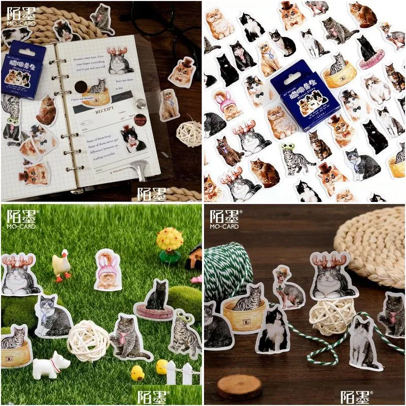 Adhesive Stickers Mo.Card Vintage Retro Mr Cat Mini Paper Diary Sticker Scrapbooking Material Decoration Label Wholesale Drop Delive Otamw