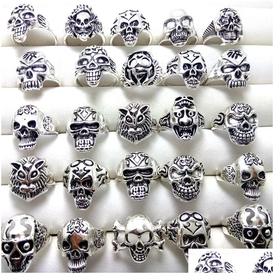 bulk lots 100pcs men skull rings 2020 new gothic biker punk cool rings wholesale fashion jewelry lot