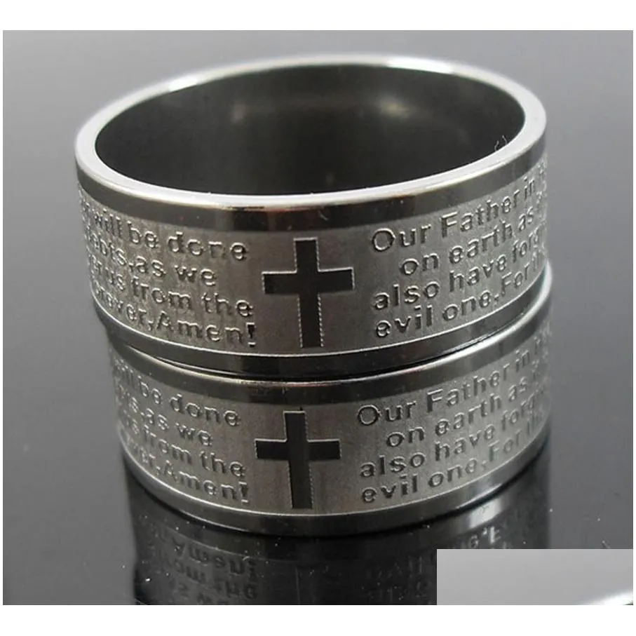 25pcs etched silver mens english lord`s prayer stainless steel cross rings religious rings men`s gift wholesale jewelry lots free