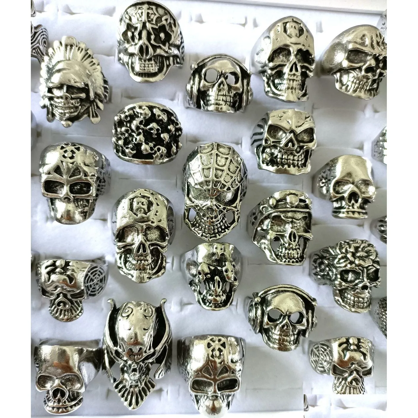 20pcs assort big head skull gothic metal ring wholesale punk style rings for men sz 18-21mm