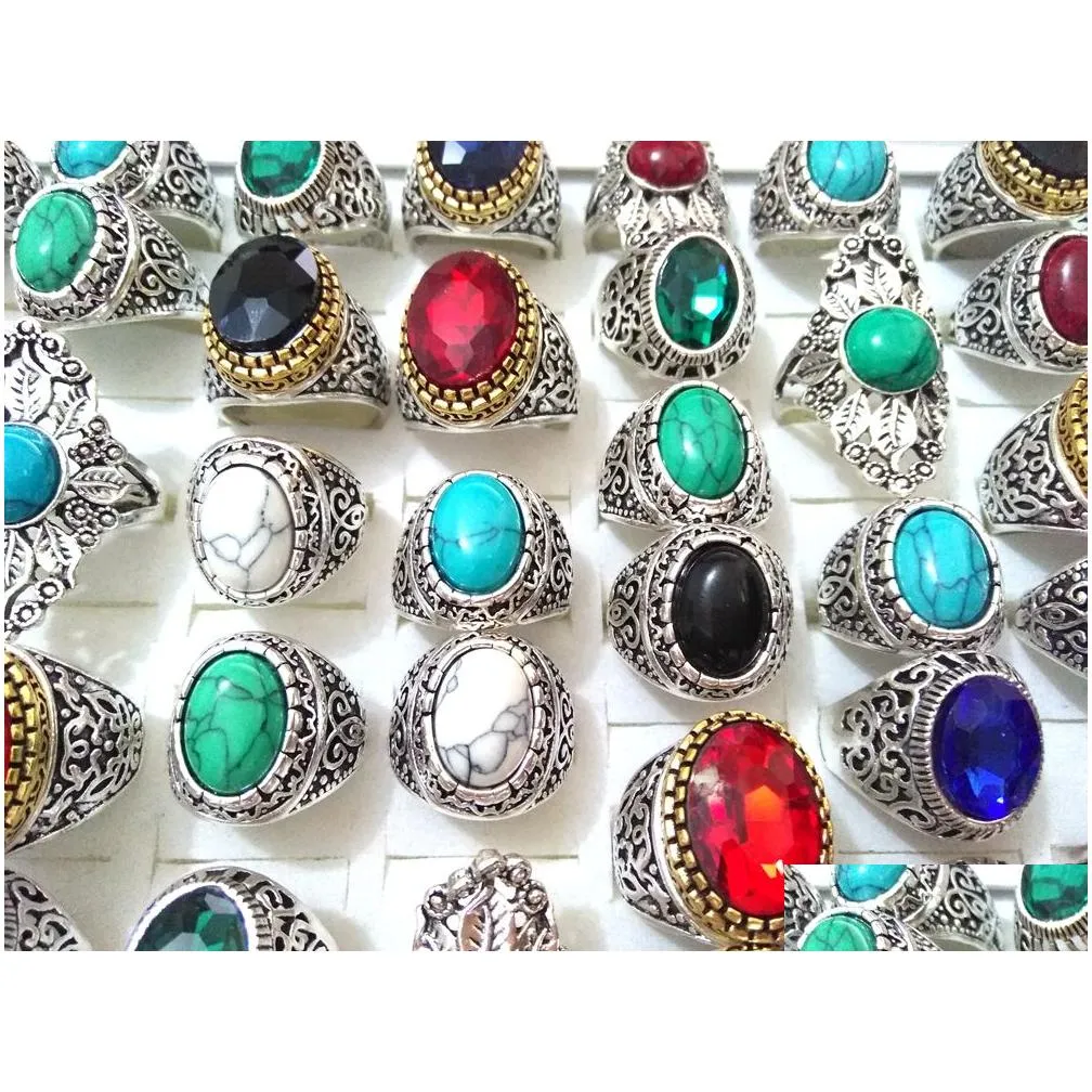 wholesale 50pcs top mixed noble big stone rings turquoises & clear crystal women`s men`s exquisite elegant finger ring beautiful jewelry