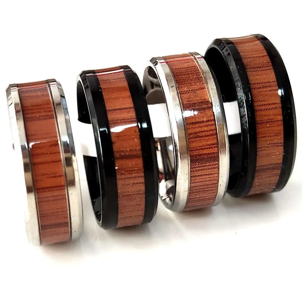 bulk lots 50pcs unique silver black ring 8mm comfort-fit wood grain inlay stainless steel ring