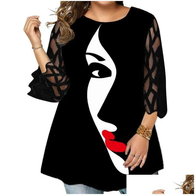 Women`s Plus Size T-Shirt Blouse Women 2022 Autumn Three Quarter Mesh Sleeve Printed Elegant Tunic Tops Loose Oversized Ladies Shirt