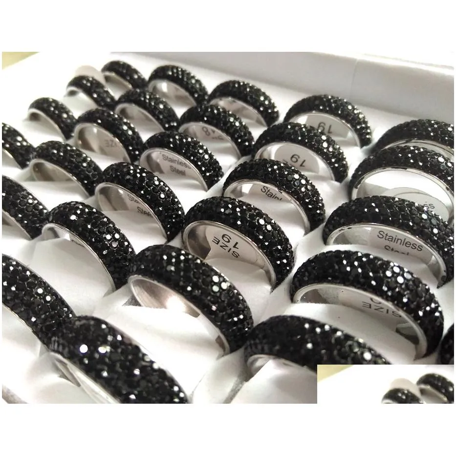 20pcs luxury black zircon stainless steel cz ring men women 3 row 5 row crystal stone wedding engagement trendy ring wholesale hot