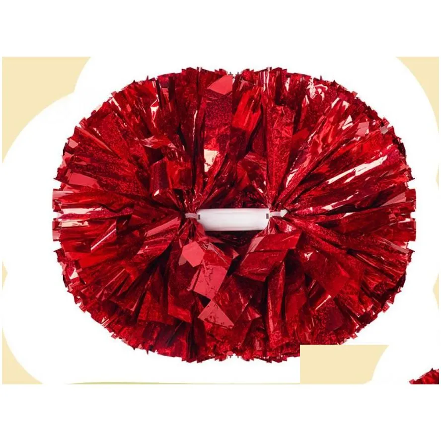 Metallic Holographic Cheerleader Pom Poms with Baton Handle Professional Cheer Pompoms for Sports Team Spirit Party Training Costume