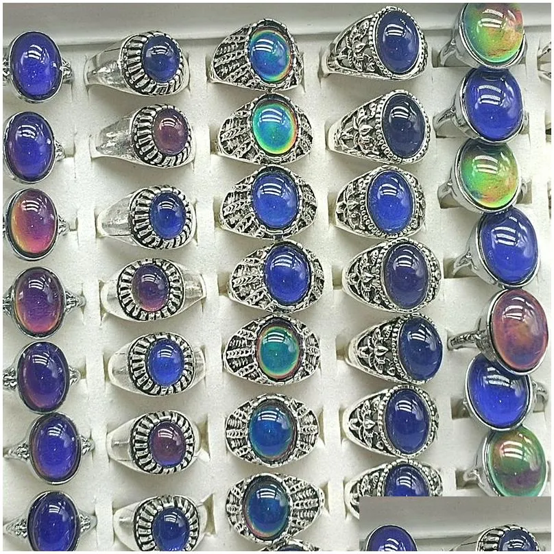 30pcs/lot men women change color mood ring emotional temperature sensitive glazed male female fashon ring silver tone alloy retro vintage jewelry wholesale