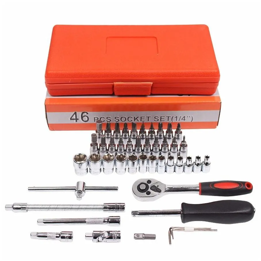 Car Repair Tool 46pcs 1/4-Inch Socket Set Car Repair Tool Ratchet Torque Wrench Combo Tools Kit Auto Repairing Tool Set