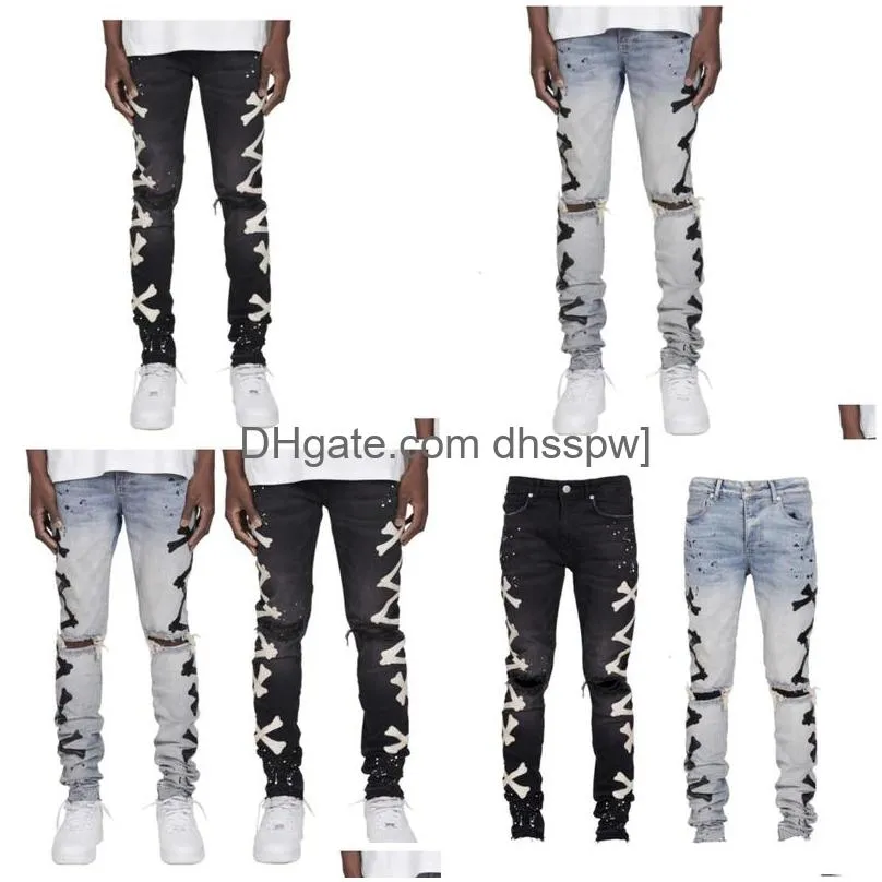 high quality 2024 mens torn hole printed elastic jeans with bone printing trend style