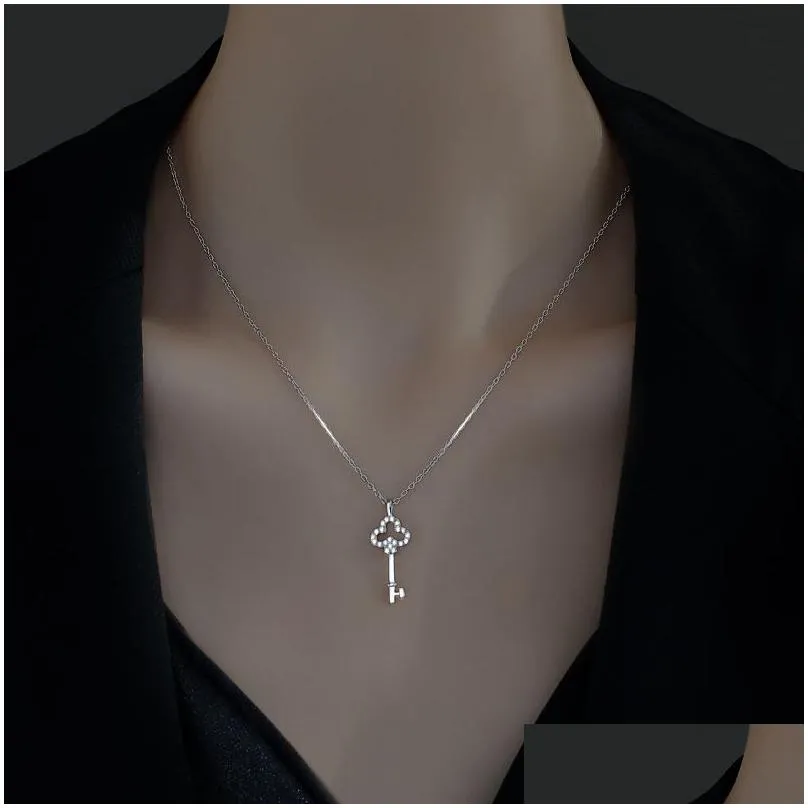 925 sterling silver necklace crystal vintage key pendant 14k gold plating women light luxury temperament dress jewelry