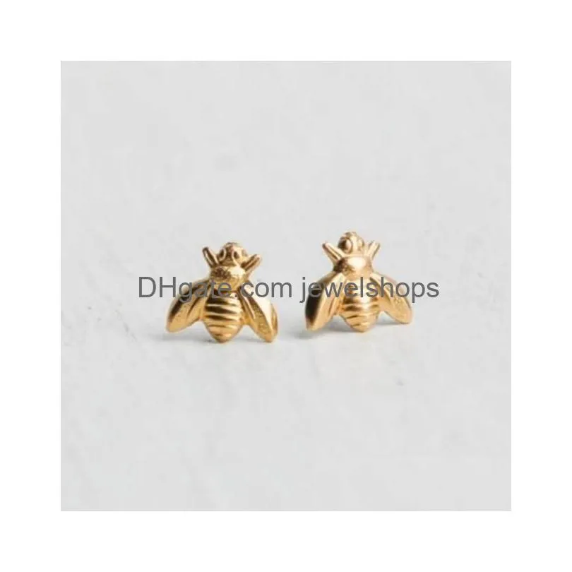 bee earrings- tiny gold brass charm studs earrigs with sterling silver posts