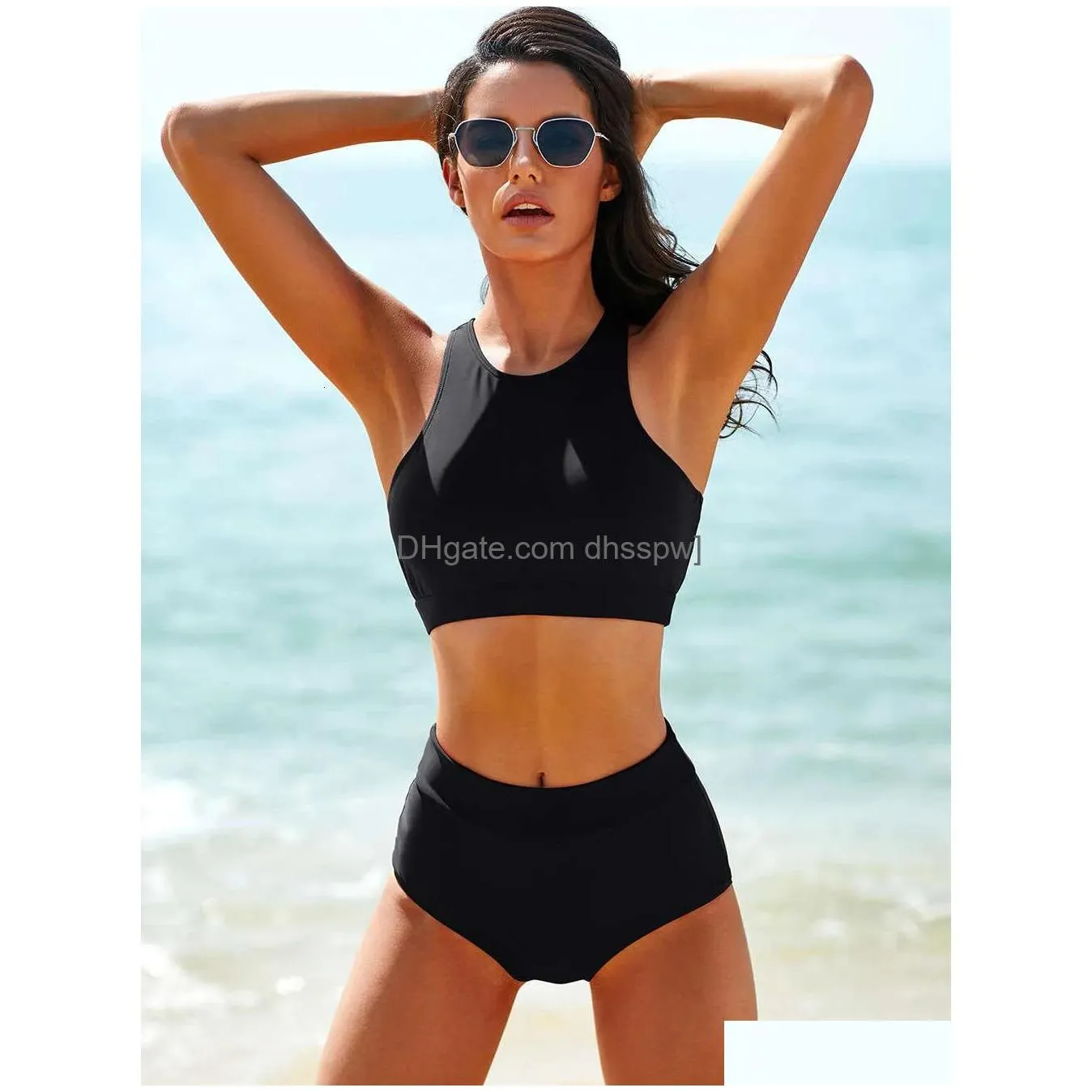 2024 solid color printed split high waist tank top sports conservative swimwear