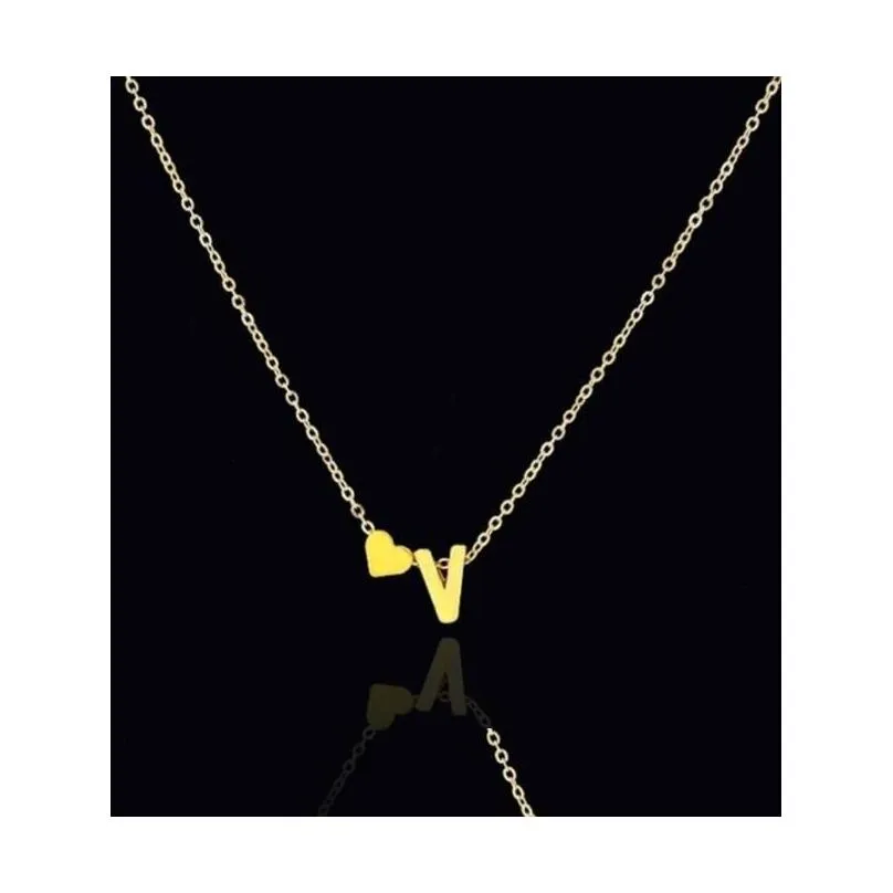 26 letters long sweater chain choker necklace tiny love heart pendants for women collier lovers gift gold silver f-j