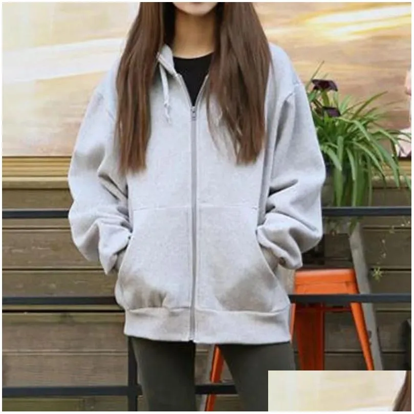 Women`s Hoodies Autumn Winter Women Hooded Fleece Sweatshirt Long Sleeve Loose Casual Zipper Pockets Solid Jacket Coat Womens