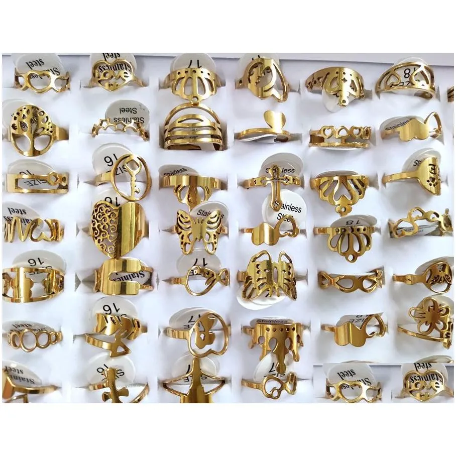 100pcs/lot laser cutting rings for women styles mix gold stainless steel charm ring girls birthday party favor female beautiful jewelry wholeale