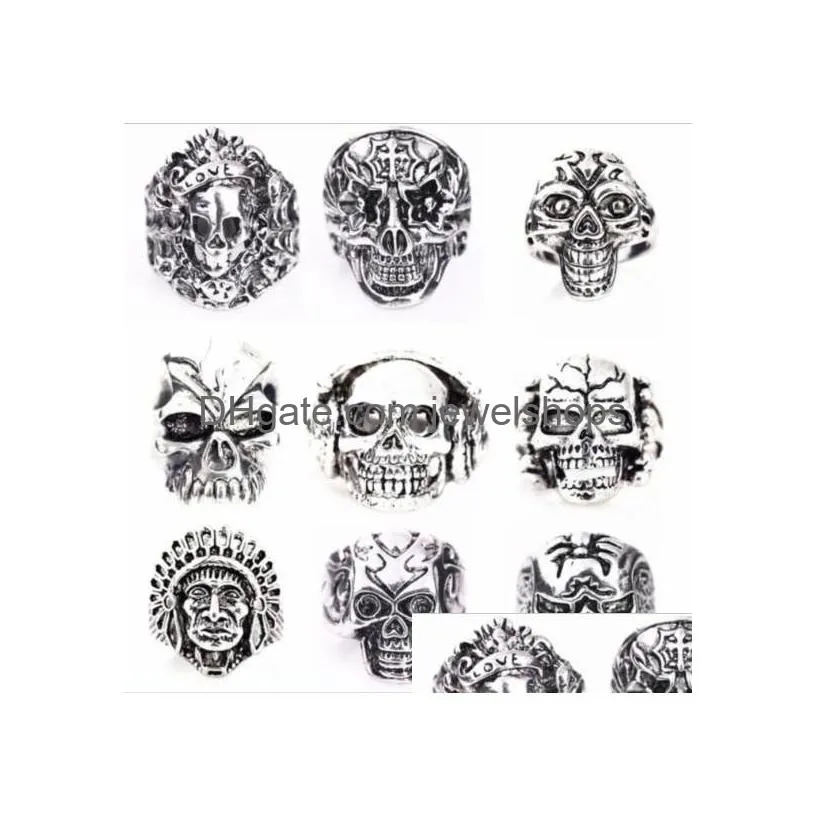 wholesale 30pcs/lot vintage sports men`s gothic skull rings metal rock jewelry mixed styles 18-22mm(color:silver)