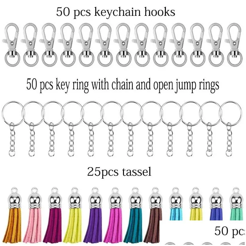 Keychains 125pc/set Swivel Hooks&Key Rings&Tassels Bulk Handmade DIY Keychain Crafts Fashion Leather Tassel Pendant For Jewelry Maki