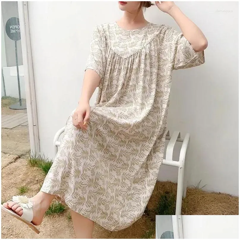 Women`s Sleepwear Pajamas Cotton Round Worn 2023 Homewear Neck Women Plus Dress Nightdress Printed Summer Outside Be Pijamas Size Can