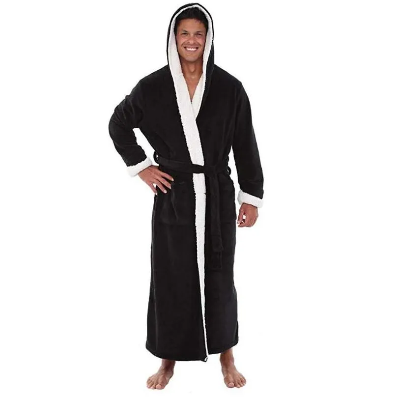 Men`s Sleepwear Men Bathrobe Winter Lengthened Plush Shawl Bath Robe Home Clothes Long Sleeved Coat Badjas #35