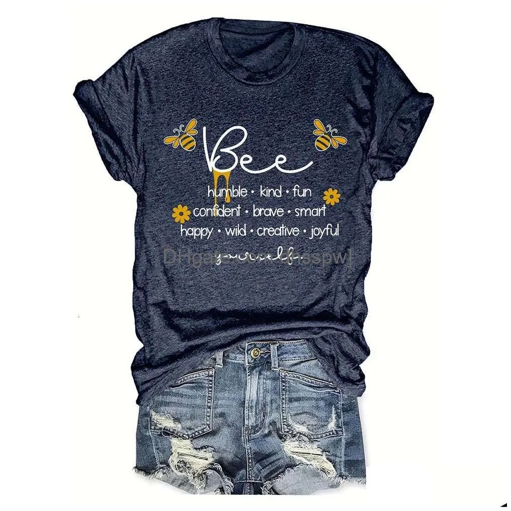 bee letter printing casual loose round neck short sleeve t-shirt womens top