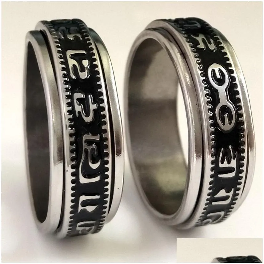 20pcs retro carved buddhist scriptures the six words mantra spin stainless steel spinner ring men women unique lucky jewelry hot brand