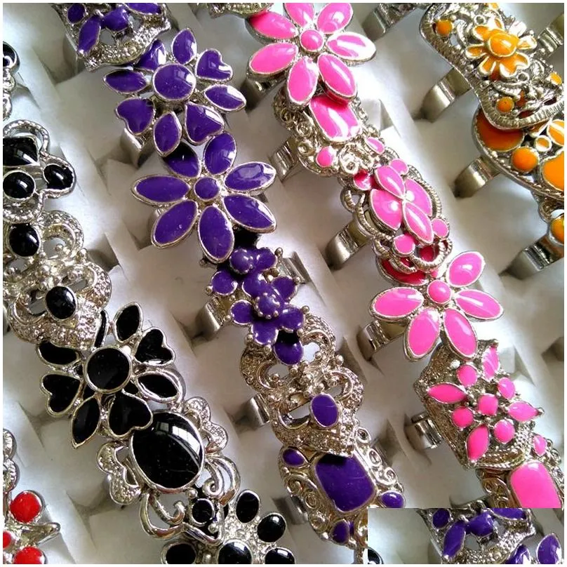 50pcs colorful beautiful women charm enamel flower rings size adjusted ladies girls party rings birthday gift wholesale hot jewelry
