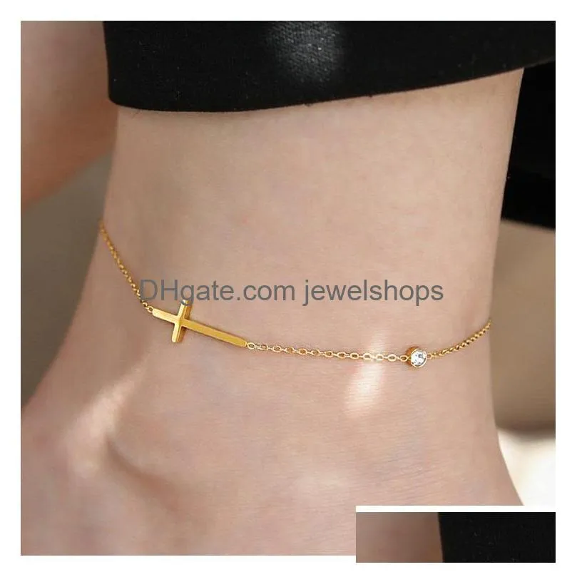 ins 18k gold cross crystal anklet chain for womens summer jewelry